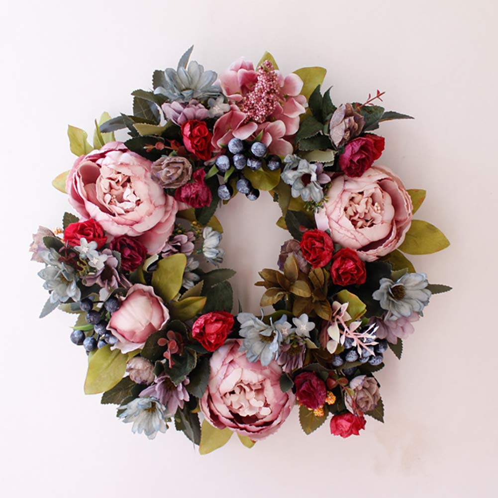 TüRkranz FrüHling, 35cm Haustür-Kranz, Artificial Peony Hydrangea-Blumen-Tür-Kranz All Seasons Blumenkranz Runde Reisig Rebe hängend für Urlaub auf dem Bauernhof Office Home Hochzeitsdeko