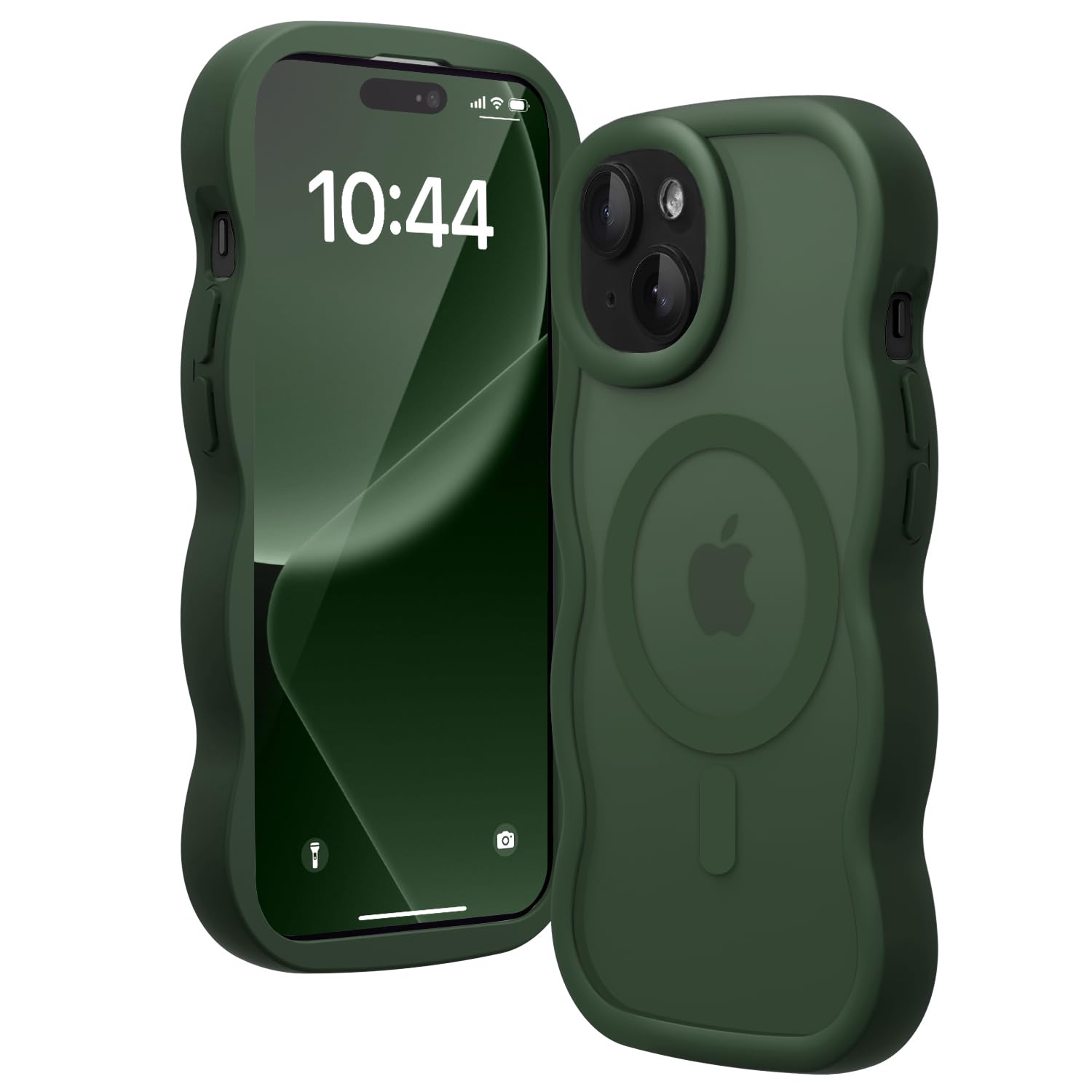 Amzfield iPhone15 Plus ケース MagSafe対応 ダークグリーン ウェーブ半透明マット 耐衝撃 指紋防止 マグネット付き