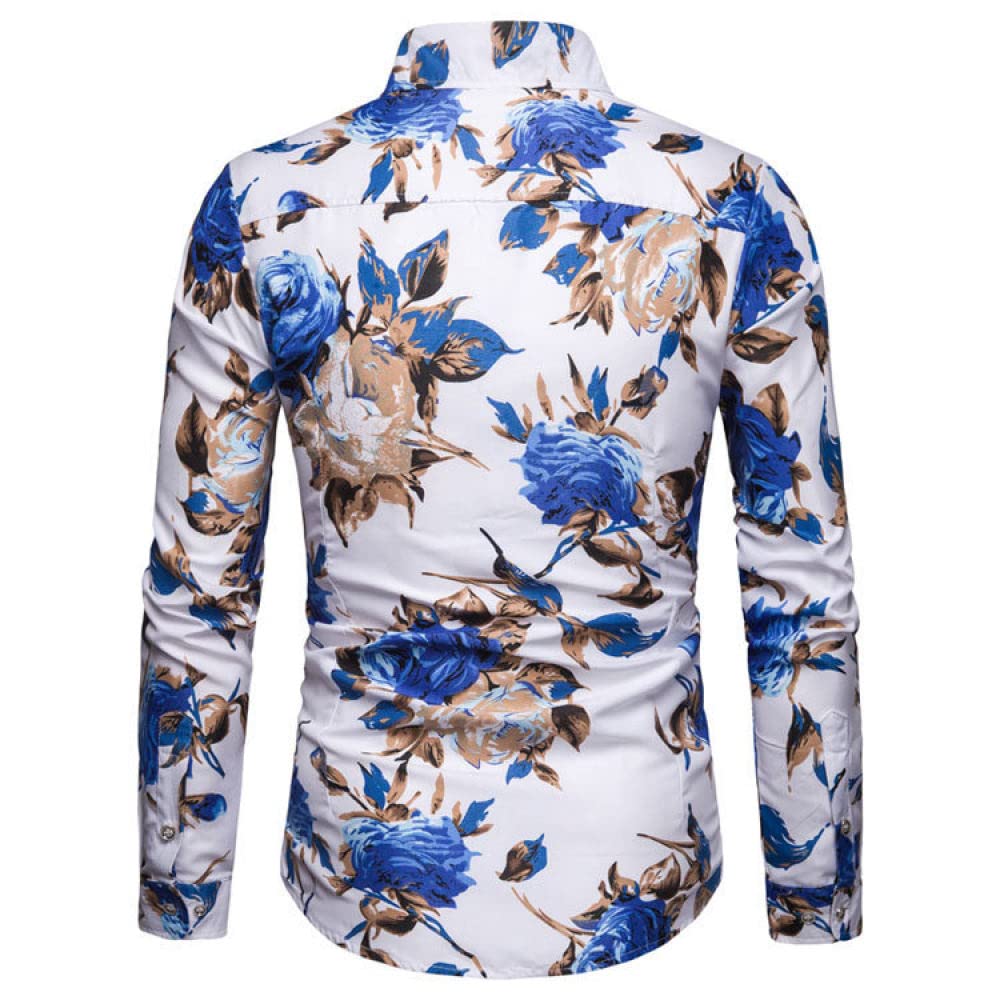 HGJH Hawaii Hemd Männer, Herrenhemd Blaue Rosenzweige Blätterdruck Hawaiihemd Kubakragen Weiß Lange Ärmel Button Down Weiches Strandhemd Henleyhemd Für Männer Jungen