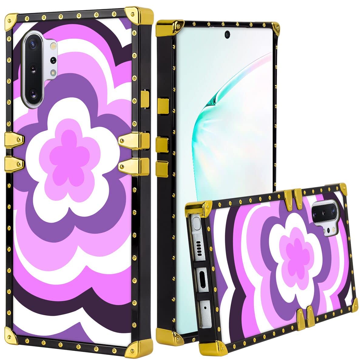 Fashion Square Case for Samsung Galaxy Note 10+ with Designer Purple Flower Art Anti-Shock Protective Fit Rubber Decorative Slim TPU Mobile Phone Case