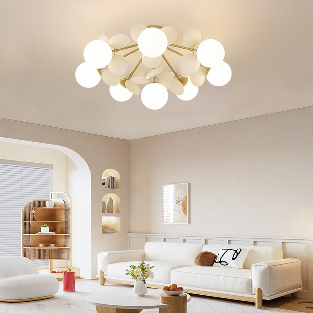 Lustre Suspension Vintage Spoutnik 6 Feux - Laiton Et Globes En Verre Moulé