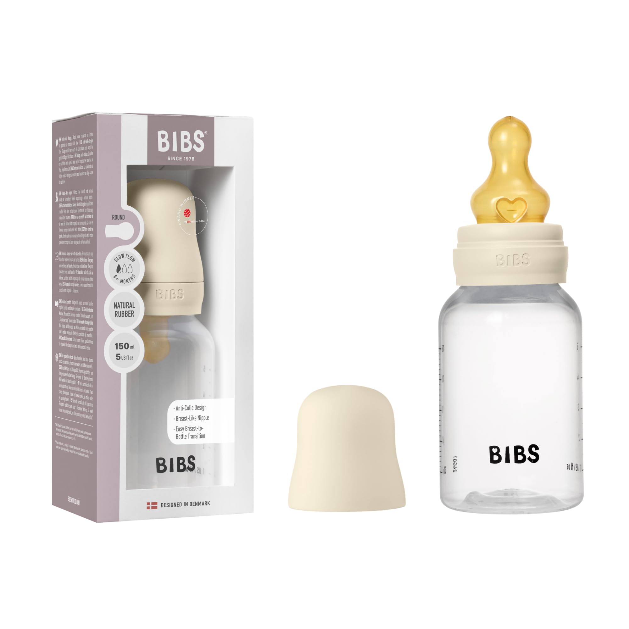 BIBS Plastic Baby Bottle, 270 ml, 1-Pack, Natural Rubber Latex Teat, Ivory