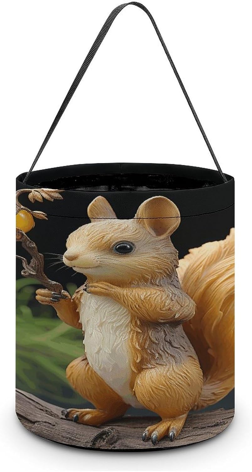Halloween Candy Treat Bag,Resin Squirrel Print Halloween Candy Bucket,Halloween Trick Or Treat Bag,Reusable Goody Bucket