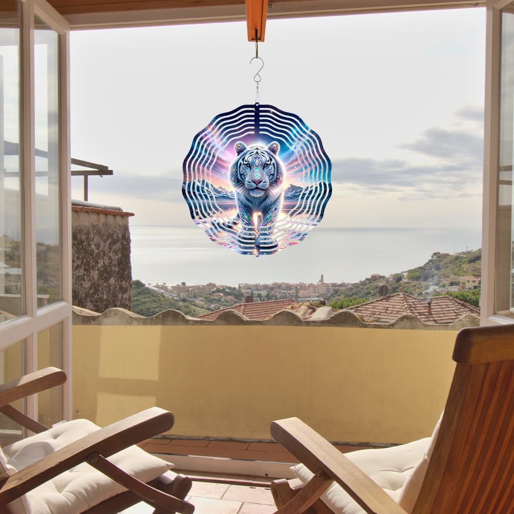 Hanging Tiger Wind Spinner 3D Stainless Steel Animal Wind Sculpture White Tiger Spinner Sculpture for Garden Patio Porch Balcony Tree