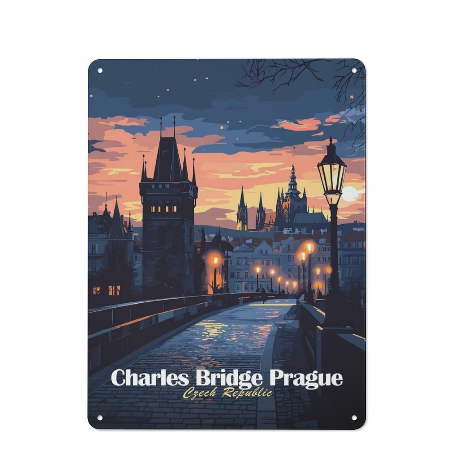 Charles Bridge Prague Decorative Metal Wall Decor 40x30cm, Decorative Tin Plaque for Bedroom, Kitchen, Office Or Living Room
