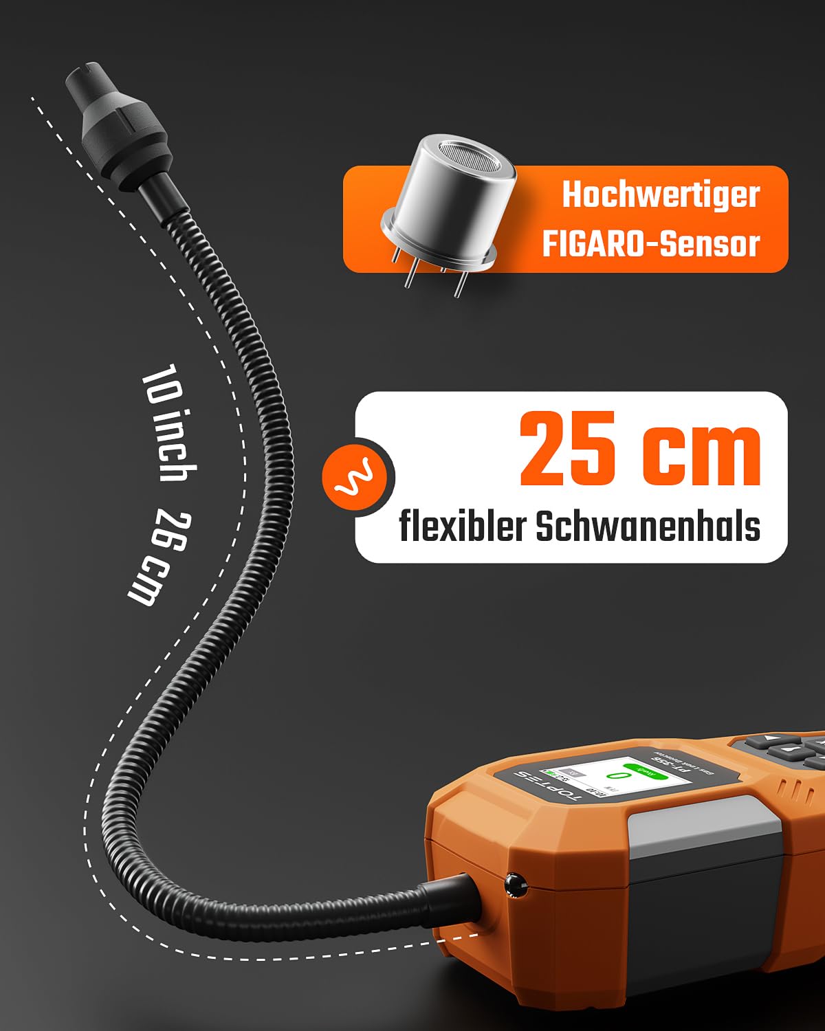 TopTes PT-356 Wiederaufladbarer Gasleckdetektor mit 25 cm Gänsehals, Erfassungsbereich 0-20% LEL, 3-faches Alarmsystem, Gasmelder mit 2 Anzeigemodi für Methan, Butan, für Zuhause oder Industrie