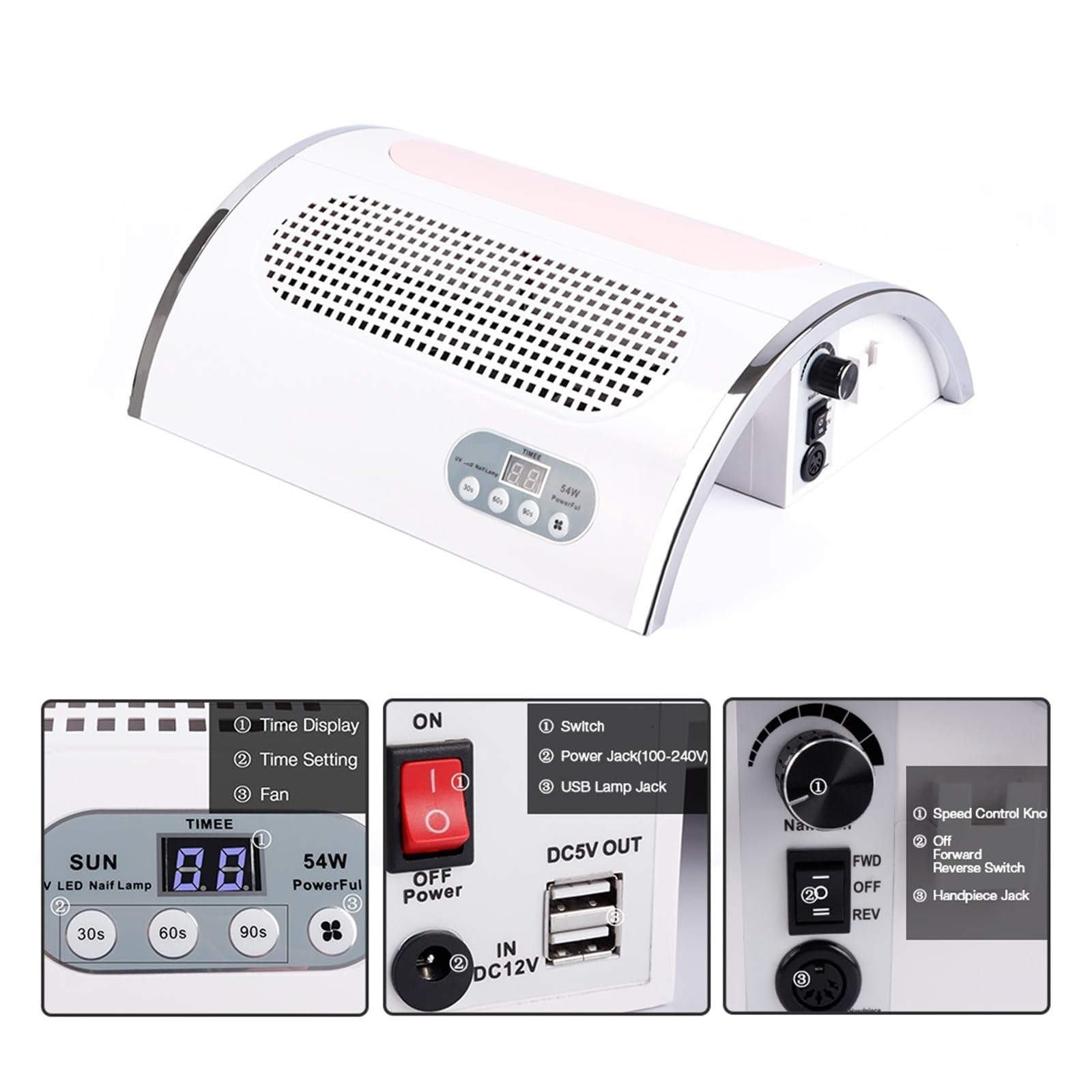 Aspirateur Ongles, Lampe UV LED 54W, sèche-ongles, collecteur d'aspiration de poussière, aspirateur 25000 tr/min, perceuse à ongles, polissa, Machine manucure et pédicure