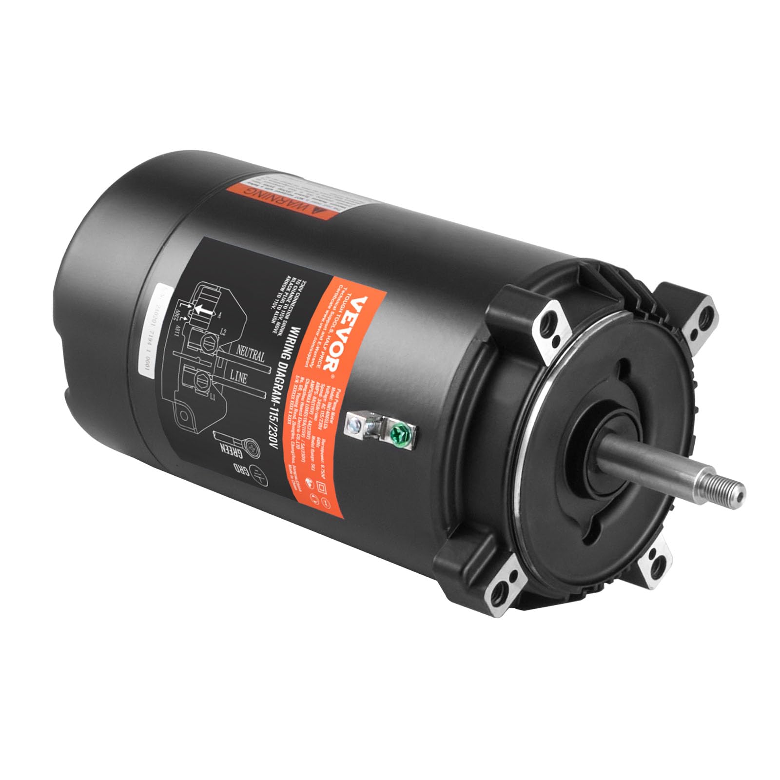 VEVOR Motor de Bomba de Piscina de 0,​75 HP 56J 115 V (8 A) / 230 V (4 A) 3450 RPM Factor de Trabajo 1,​5 Condensador de 80 µF/​250 V Motor de Repuesto de Brida Redonda Giratorio CCW para Piscinas