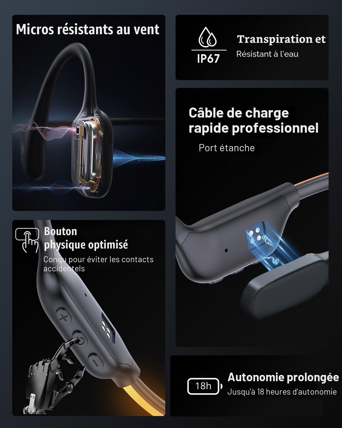 Casque à Conduction Osseuse Bluetooth 6.0 avec Lampe LED de Sécurité, Design Ouvert Oreilles Libres, Microphone Anti-Vent, IPX7 Étanche, 10H d'Autonomie, Casque Sport pour Course et Fitness