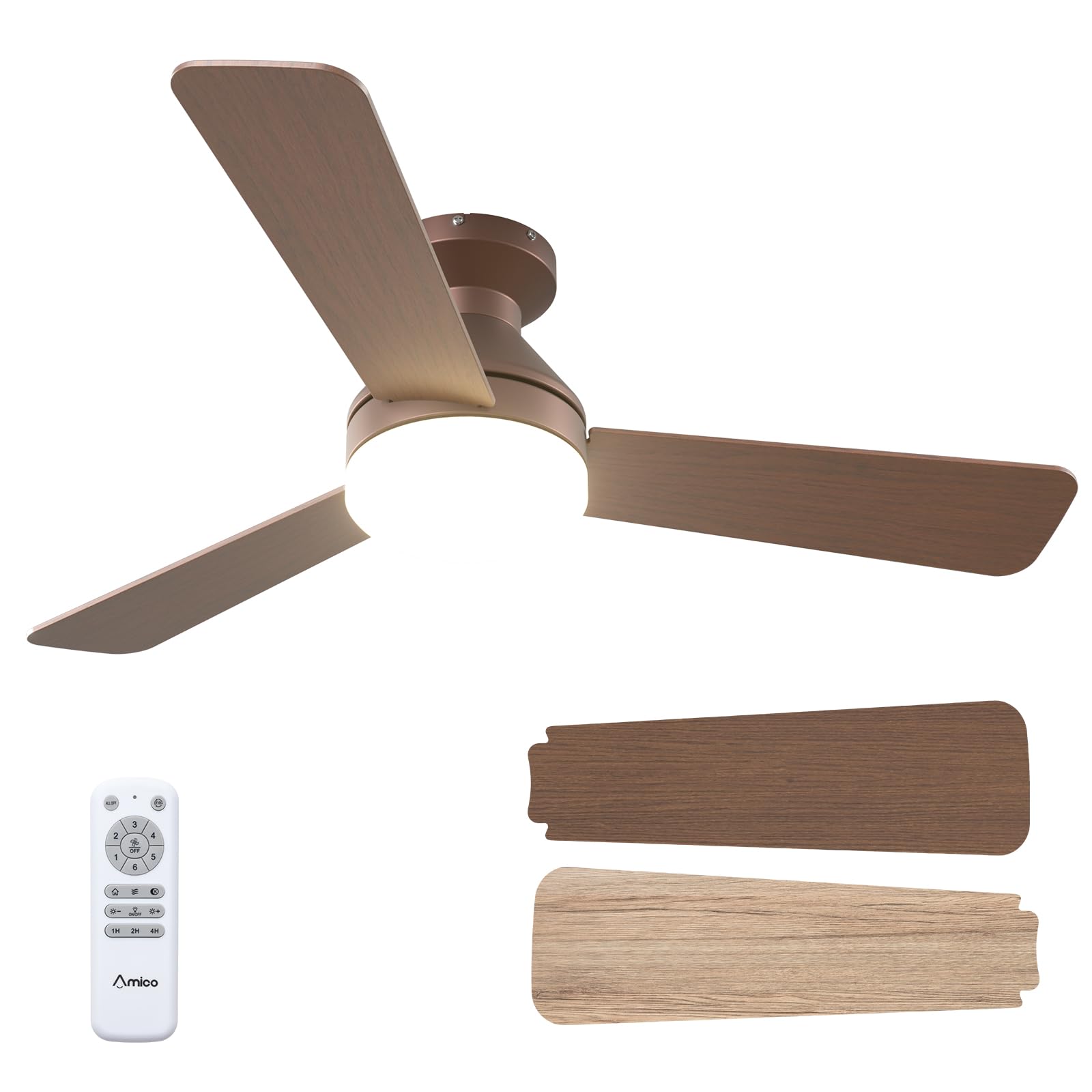 Amico 42 Inch Brown Low Profile Ceiling Fans with Lights and Remote