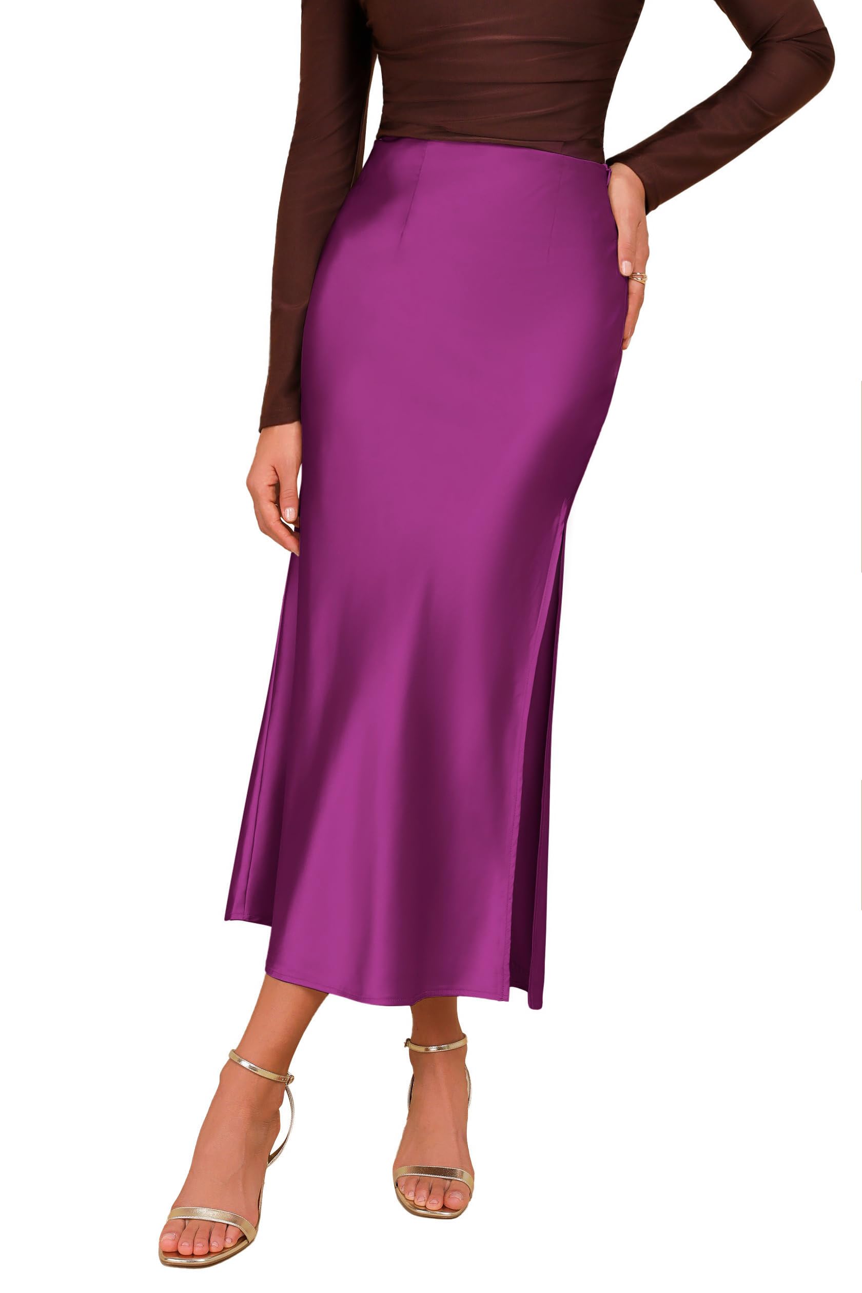 Womens Satin High Waisted Maxi Skirt Elegant Work Straight Skirts Side Split Elastic Waistband