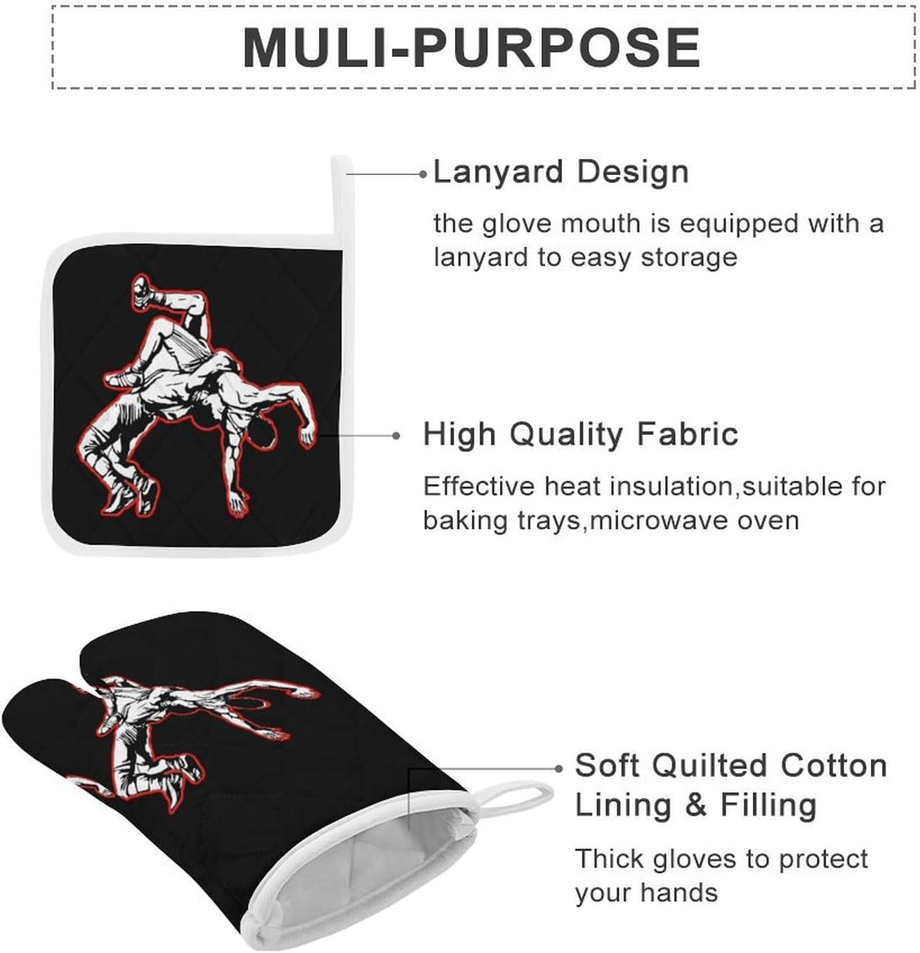 U.S. Wrestling Print Oven Mitts and Pot Holders 3 Piece Sets Heat Resistant Gloves Hot Pads Potholders for Kitchen Baking Cooking