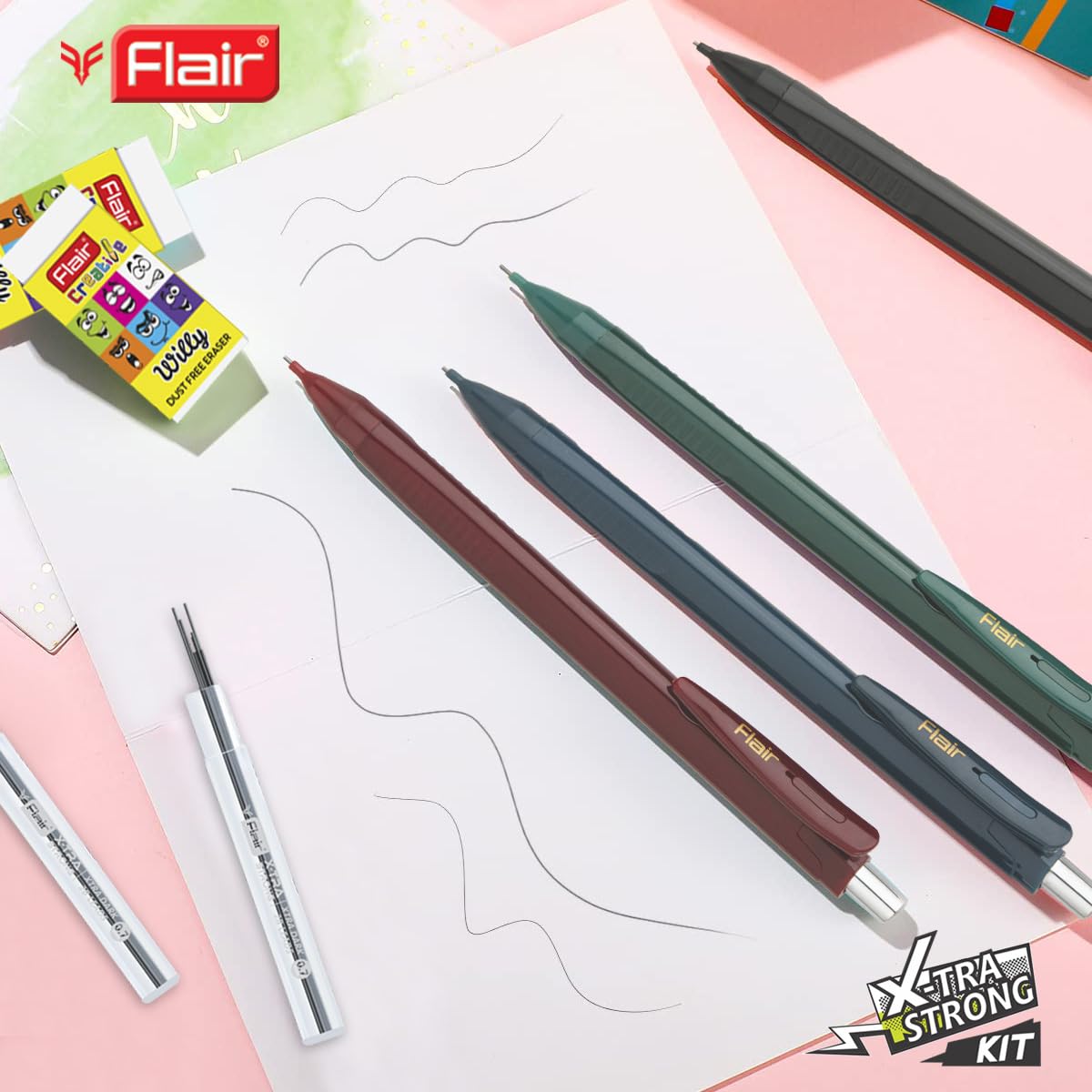 FLAIR Creative Series X-tra Strong 0,7 mm Druckbleistift-Set | Druckmechanik mit ergonomischem Griff | Non-Stop automatisches Schreiben | Inklusive Radiergummi & Mine im Inneren | 5 Stück