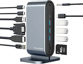 Estação de ancoragem para monitor triplo USB-C 12 em 1 com carregamento de 100 W, compatível com Windows, Mac e Chrome com Thunderbolt ou USB-C (3X HDMI, 1x USB-C, 4X USB, Ethernet, leitor de cartão