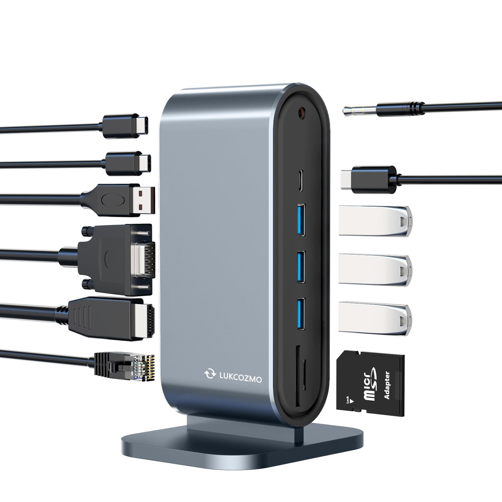 USB3.0 Universal Docking Station with 100W Charging, Dual Monitor for Windows and Mac, USB 3.0 or USB-C (HDMI, 1x USB-C, 4X USB3.0,VGA1080P, Ethernet, Audio, TF/SD Card Reader)