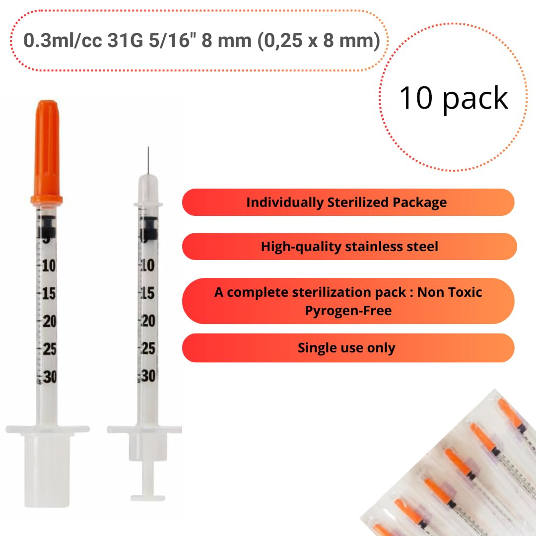 U-100 Syringes - 0.3ml/cc 31G 5/16" (8 mm) Disposable Syringes ,Individually Wrapped,10 PACK