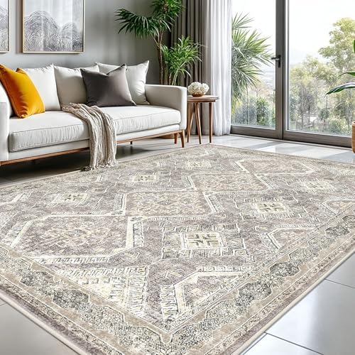 KUTA Ivory Grey Yellow Area Rugs for Living Room 8x10, Washable Large Rug for Bedroom 8ft x 10ft, Non-Slip Ultra Soft Printed Boho Oriental Distressed Dining Room Low-Pile Cozy Carpet