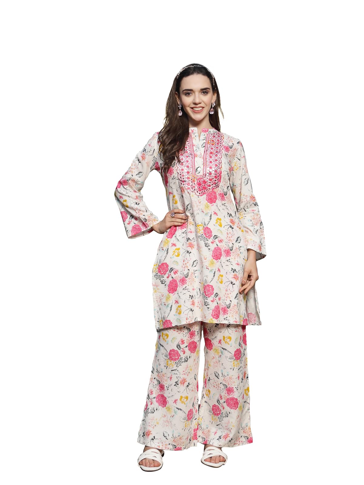 Stylum Women's Floral Printed & Embroidered Rayon Straight Kurta Palazzo Set (Kpmultikayali36_Multi, S)