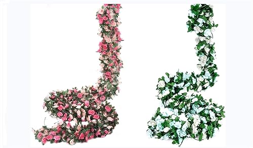 Miracliy Paquete de 9 plantas artificiales de color rosa y 8 flores azules, flores artificiales, hiedra rosa, hogar, hotel, oficina, boda, fiesta,