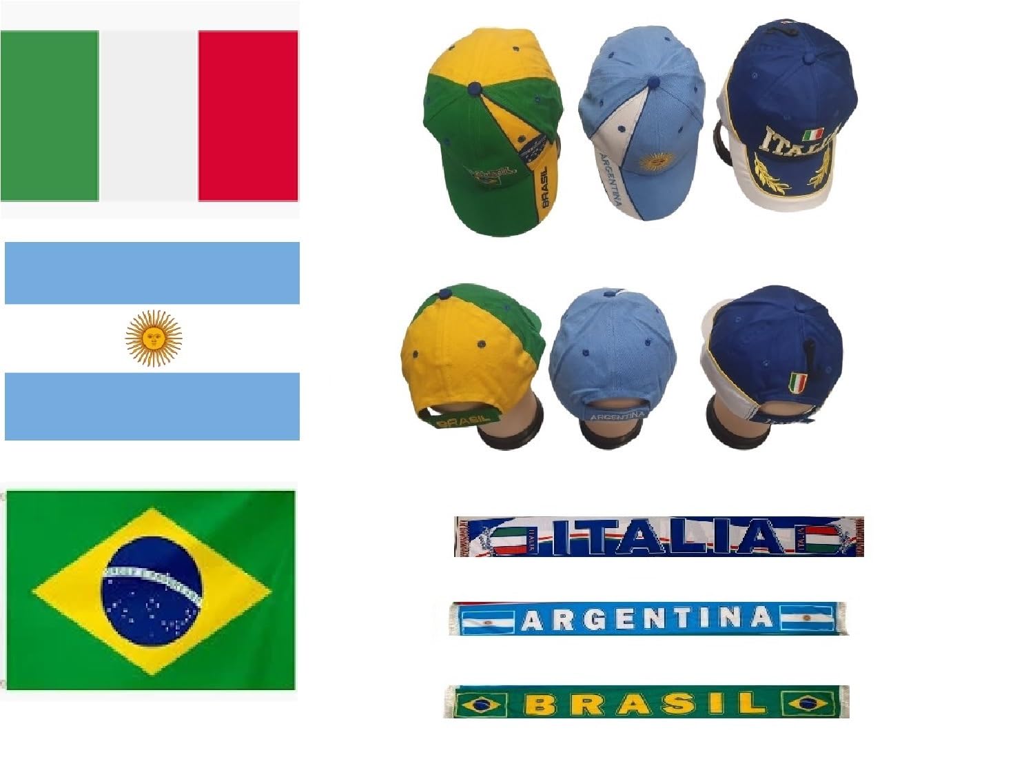 Drapeau Argentine Brésil Italie 90x140 et kit écharpe casquette supporters