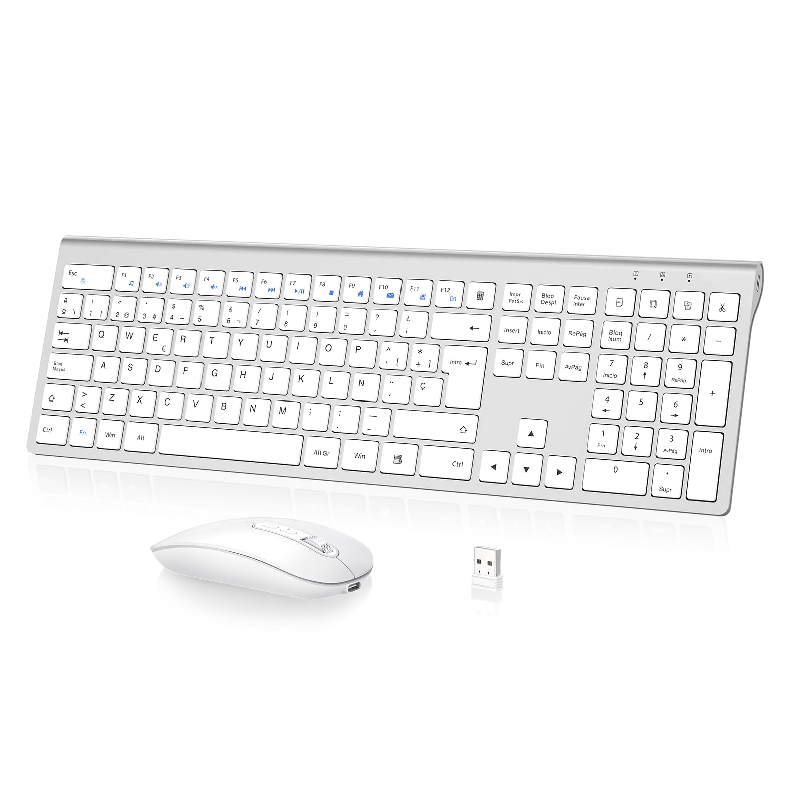 Combo Teclado y Ratón Inalámbrico- cimetech Teclado y ratón Recargable 2.4G, QWERTY Español Layout, Teclado de diseño ergonómico, Ultrafino para Ordenador/PC/portátil/Windows 10/8/7(Plata)