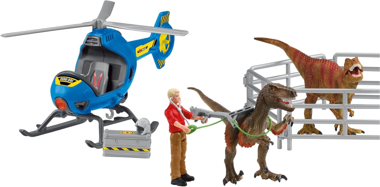 Schleich Dinosaurs | Rescate en helicóptero de Dinosaurios 72216 | Set con helicóptero, Flynn, 2 Dinos & Accesorios | Regalo para niños | Juguete a Partir de 5 años | 28 Piezas | Exclusivo en Amazon | Juego de dinosaurios con helicóptero, Flynn, 2 dinosau