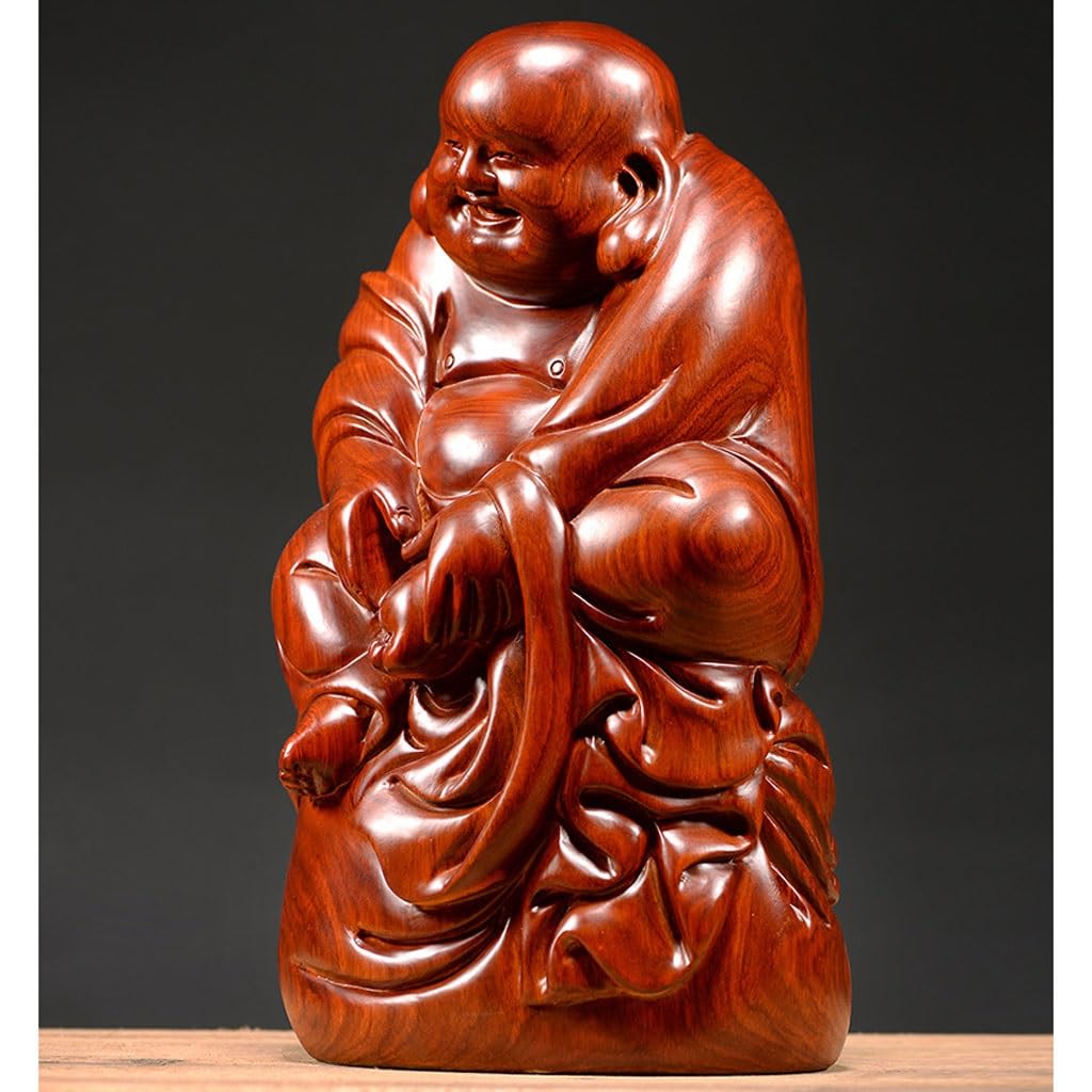 Dekoracja na biurko drewniana statua buddy ozdoby lite drewno duży siedzący uśmiechnięty budda dekoracja domu mahoń rzemiosło rzeźby dekoracja domu (15,74 cala)
