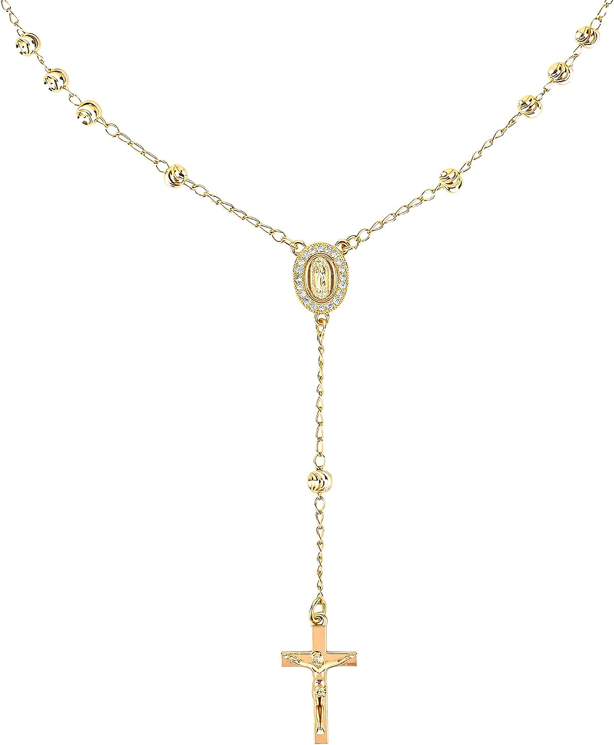 Rosary Cross Necklace for Women, Gold Plated Silver Rose Gold Virgin Mary Rosary 4mm Bead Catholic Jewelry Necklace
