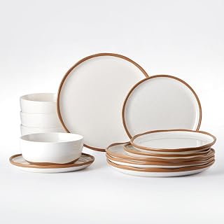 Lareina Plates and Bowls Set, 12 Pieces Farmhouse Ceramic Dinnerware Sets, Scratch Resistance, Dishwasher Microwave Safe, Vanilla White