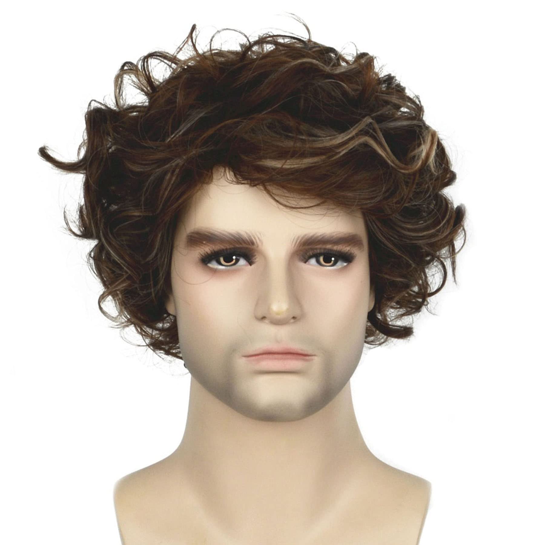Lydell 10" Men Wig Medium Long Curly Wavy Natural Hair Heat Resistant Synthetic Daily Cosplay Halloween (Brown Auburn Mix with Blonde Highlights)