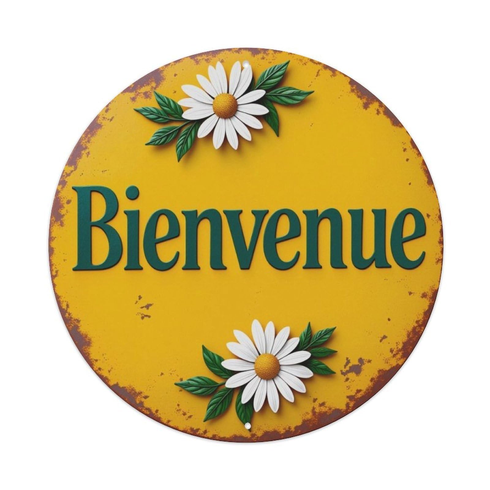 Yellow Vintage Daisy French Welcome Round Decor Sign Vintage Aluminium Metal Sign, Retro Wall Decor for Home, Bar, Garage & Farmhouse 20x20cm