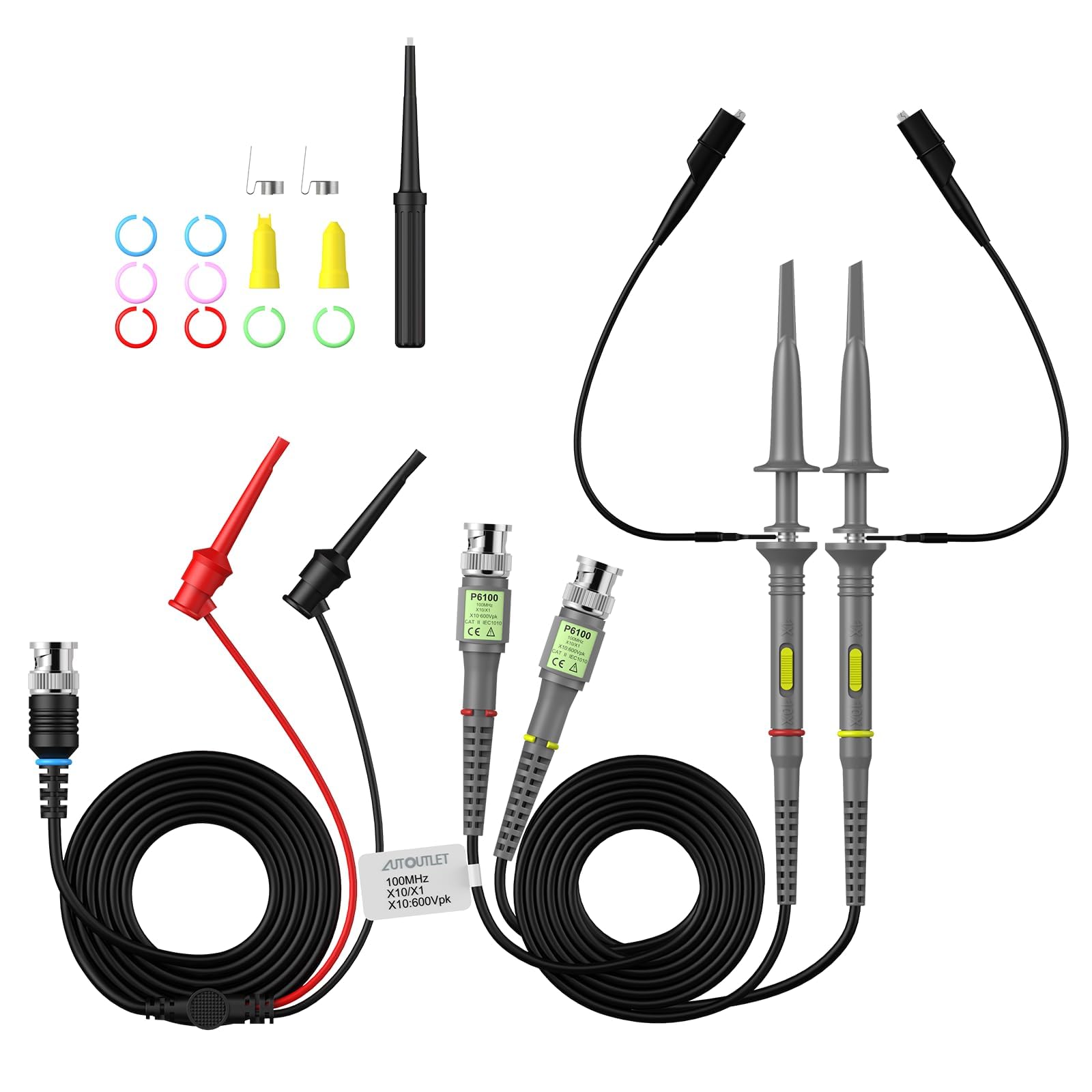 AUTOUTLET 2 Packs P6100 100MHz Oscilloscope Clip Probes with BNC to Minigrabber Test Lead Kit 10:1 and 1:1 Switchable Bandwidth