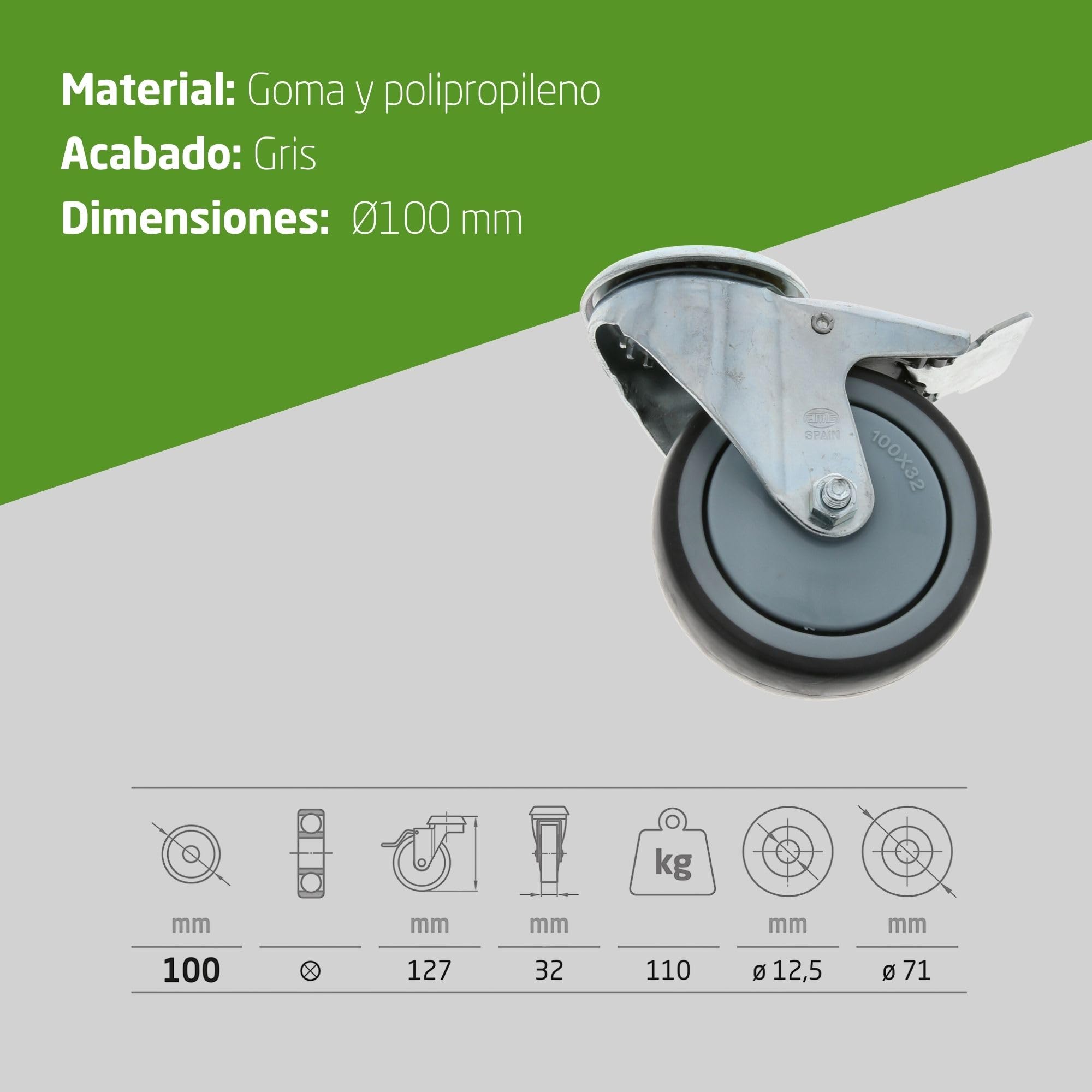 Amig - Pack 4 Ruedas con Freno Para Muebles - Ø 100 mm - Ruedas Giratorias Sin Placa de Montaje - Peso Máximo 110 Kg - Para Mover Muebles Pesados - Rodamientos Rodillos - Núcleo Plástico - Goma Gris
