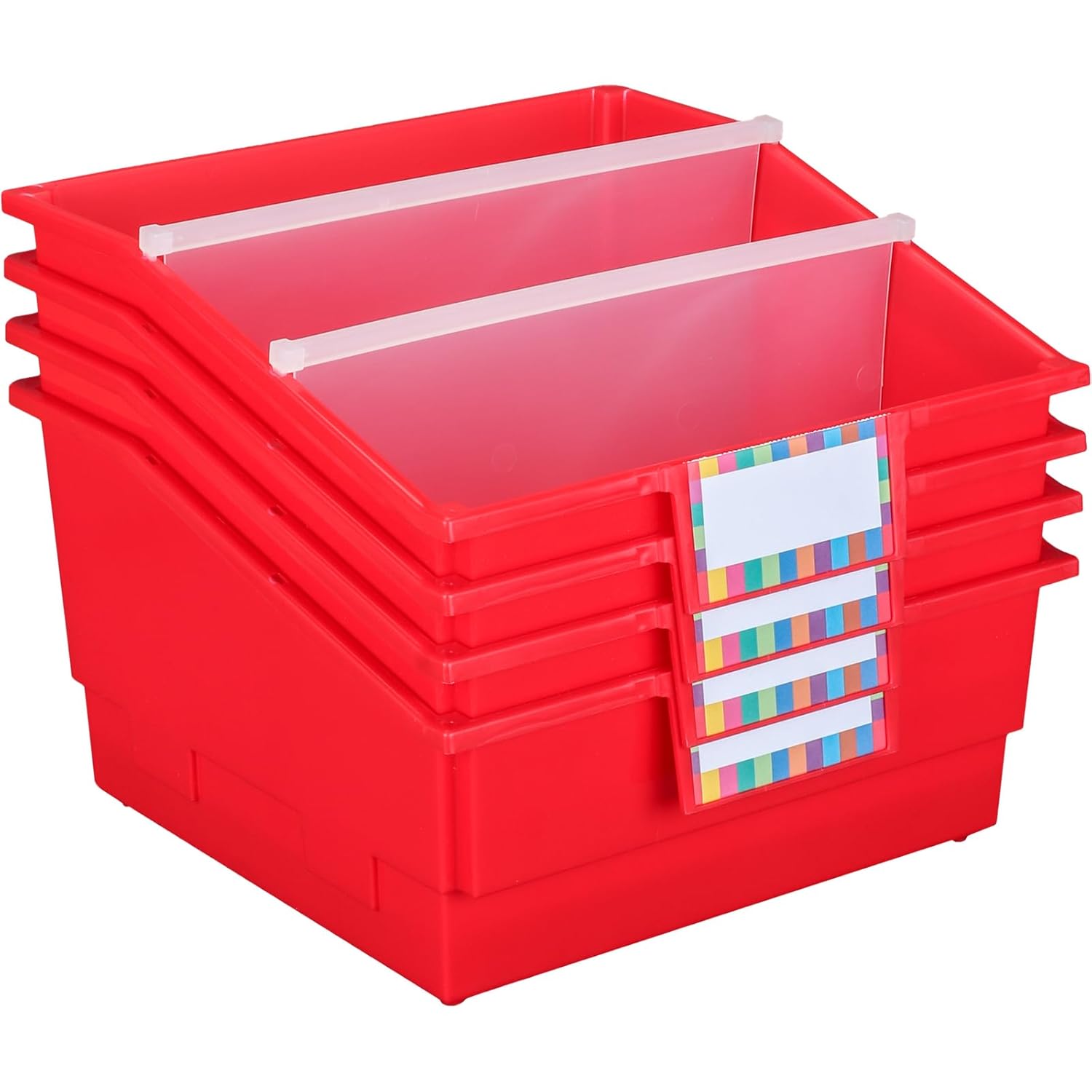 Really Good Stuff Single-Color Picture Book Classroom Library Bins with Dividers, 13.5" x 13.5" x 7.75", 4 Pack, Orange