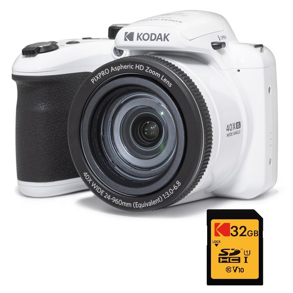 KODAK Pixpro Astro Zoom AZ405 cyfrowy mostek + karta SDHC KODAK Ultra High Speed U1 32 GB – aparat 20 megapikseli, zoom X40, szeroki kąt, LCD, Full HD Video 1080p, OIS, bateria AA – biały