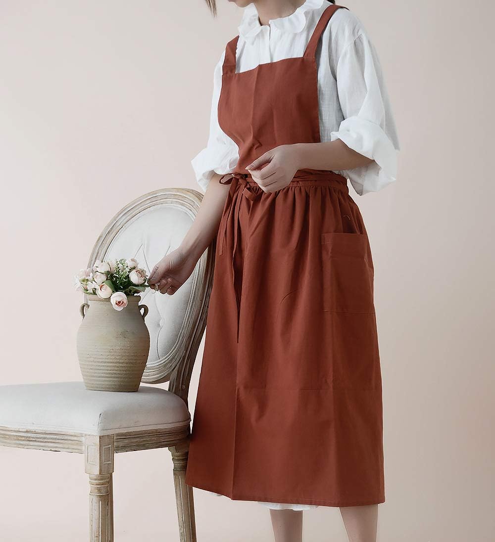 VLZUFE Women Cotton Linen Cross Back Apron with Pockets for Gardening Works Pinafore Dress - Image 4