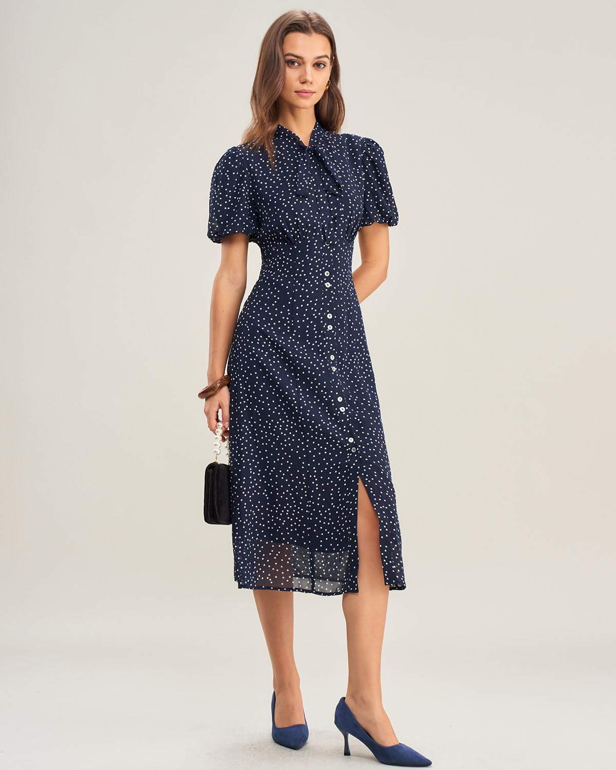 RIHOAS Women's Polka Dot Midi Dress - Tie Neck Lantern Sleeve A-Line Dress, Elegant Retro Style with Ruched & Slit - Image 2