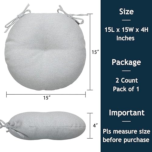 Miniatura 10 de Juego de 2 cojines de asiento redondos de 15 pulgadas con lazos, impermeables, para todo tipo de clima, acolchado de 4 pulgadas de grosor, para