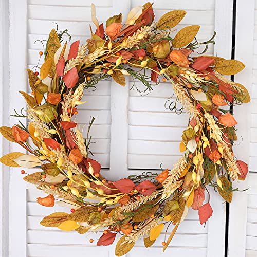 Cir Oases 22-23 Inch Fall Wreath Berries Front Door Wreath Artificial Leaves Grain Wreath Harvest Wheat Ears Garland Autumn Wreath For Front Door Home Wall Party Fall Festival Decor #TOP1