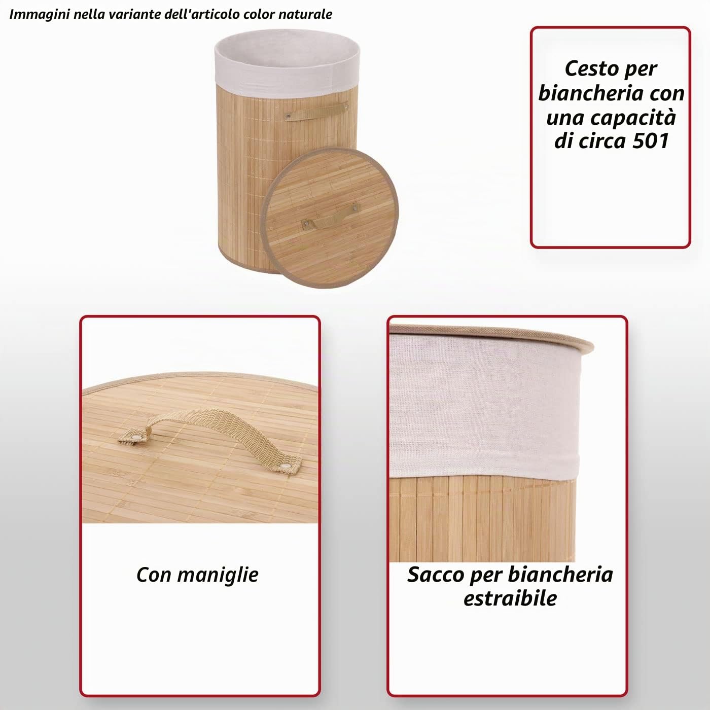 Cesta borsa portabiancheria bagno elegante HWC-C21 legno bambù 50l - bianco