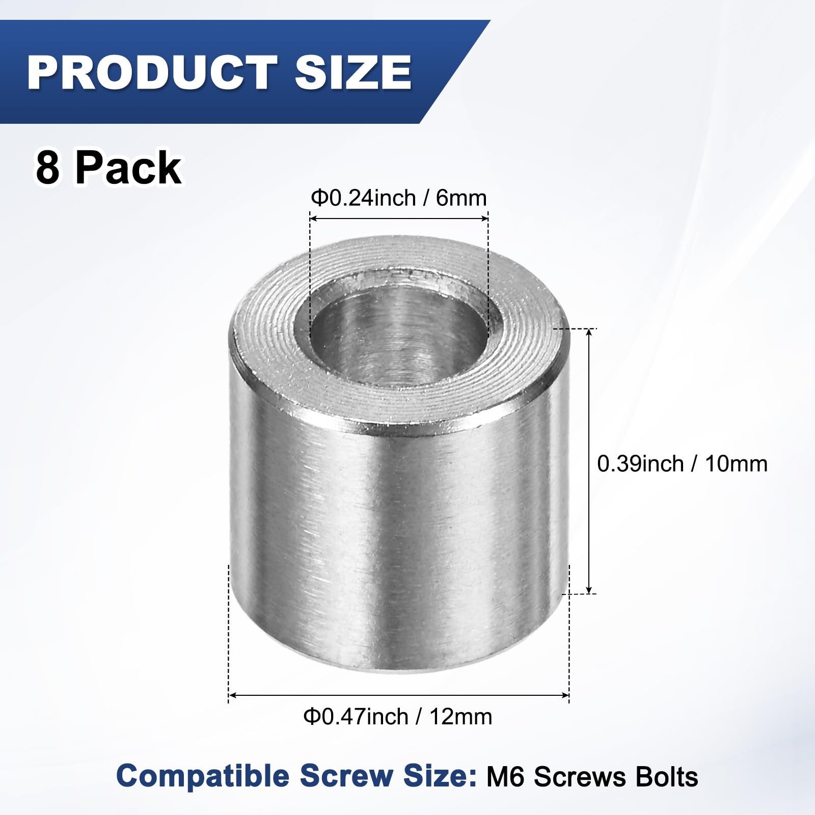 M METERXITY 8PCS M6 304 Stainless Steel Spacers 6mm ID x 12mm OD x 10mm l Metal Screw Standoff Bushing Plain Finish Round Spacer 304 Stainless Steel for Screws Bolts Silver - Image 3