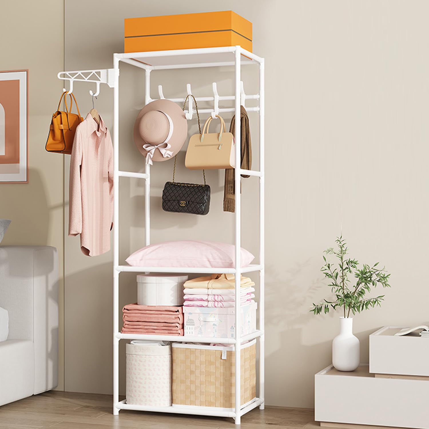 LEOPAX Coat Rack Freestanding Metal Clothes Stand With 10 Hooks & 4 Storage Shelves, Garment Rack Organizer for Bedroom, Hallway, Entryway & Office - Size - 55 x 36 x 170cm - White-image-18