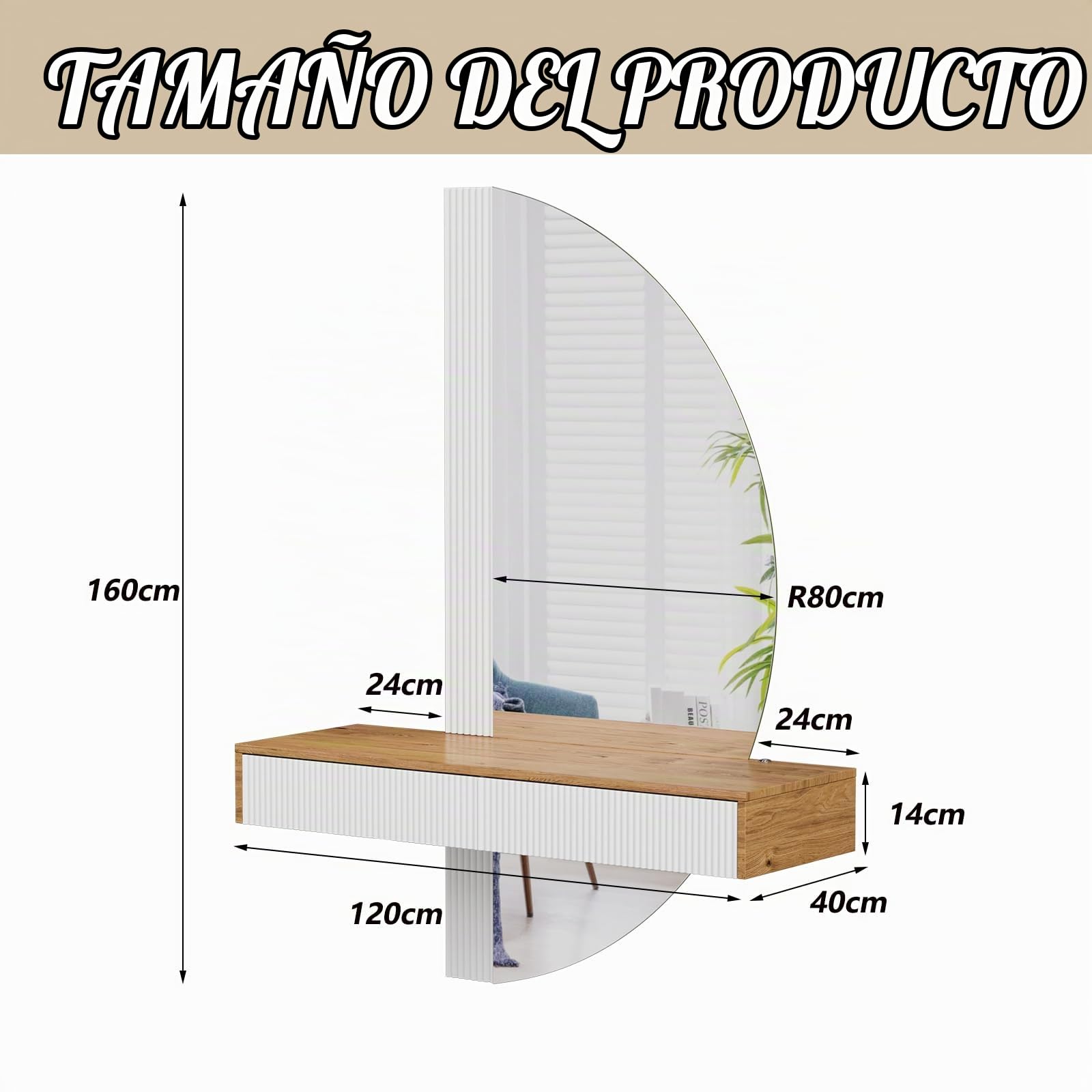 MSFE Tocador Flotante con luz LED y Espejo Semicircular, Penteadeira,Mesa de Maquillaje de Pared con 2 Cajones, Tocador de Maquillaje, Altura Regulable, Ahorro de Espacio, 120 x 40 x 160cm