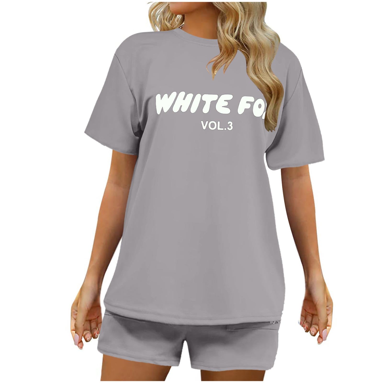 GenericWhite Fox Tracksuit Two Piece Outfit Tracksuit Womens Full Sets Casual Short Sleeve Oversized Sweatsirt Drawstring Shorts Sweatsuit Gym Activewear Outdoor Sportswear Jogging Pants