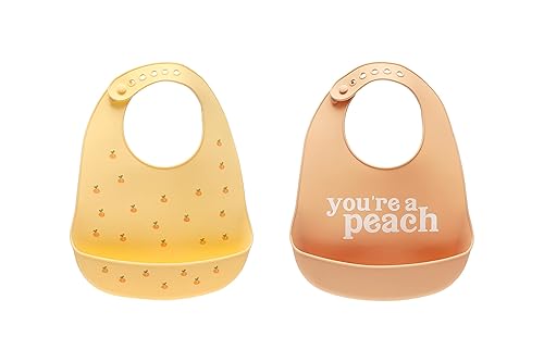Pearhead Juego de 2 baberos de silicona, You're a Peach & Light Yellow impermeables con atrapa alimentos, ajuste ajustable, apto para lavavajillas,