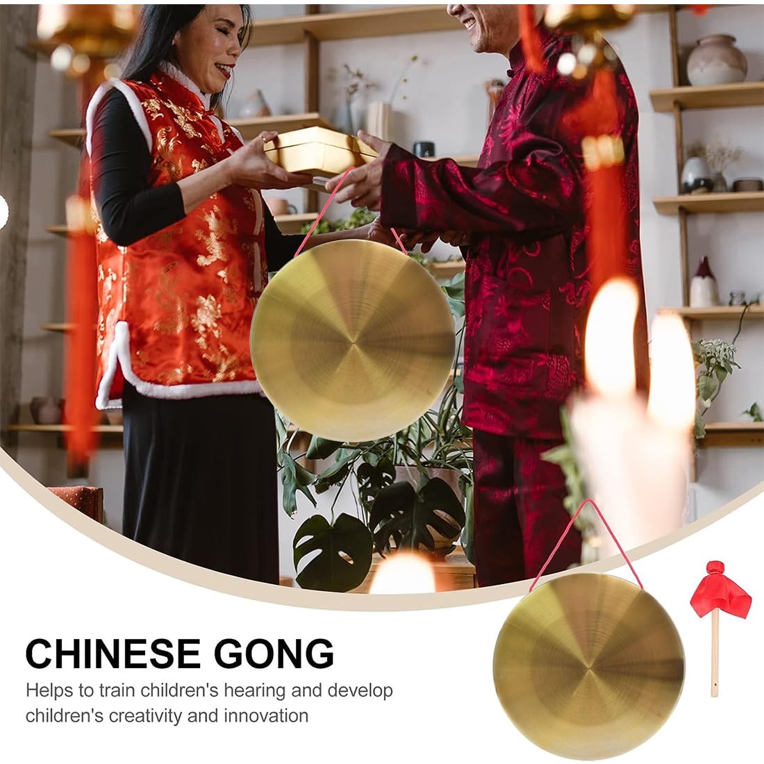 15 cm Ottone Rame Mano Gong Bacino Portatile Ottone Gong Strumenti in Latta con Martello Rotondo per Bambini Cappella Scuola Lezioni di Musica