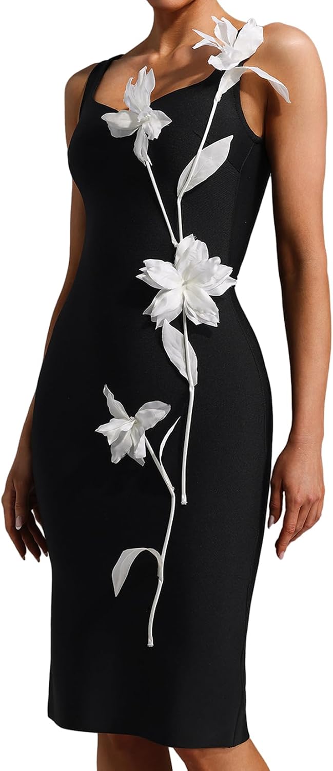 BELLA BARNETT Black Classy 3D Flowers Spaghetti Strap Bandage Dress Bodycon V Neck Cocktail Dress