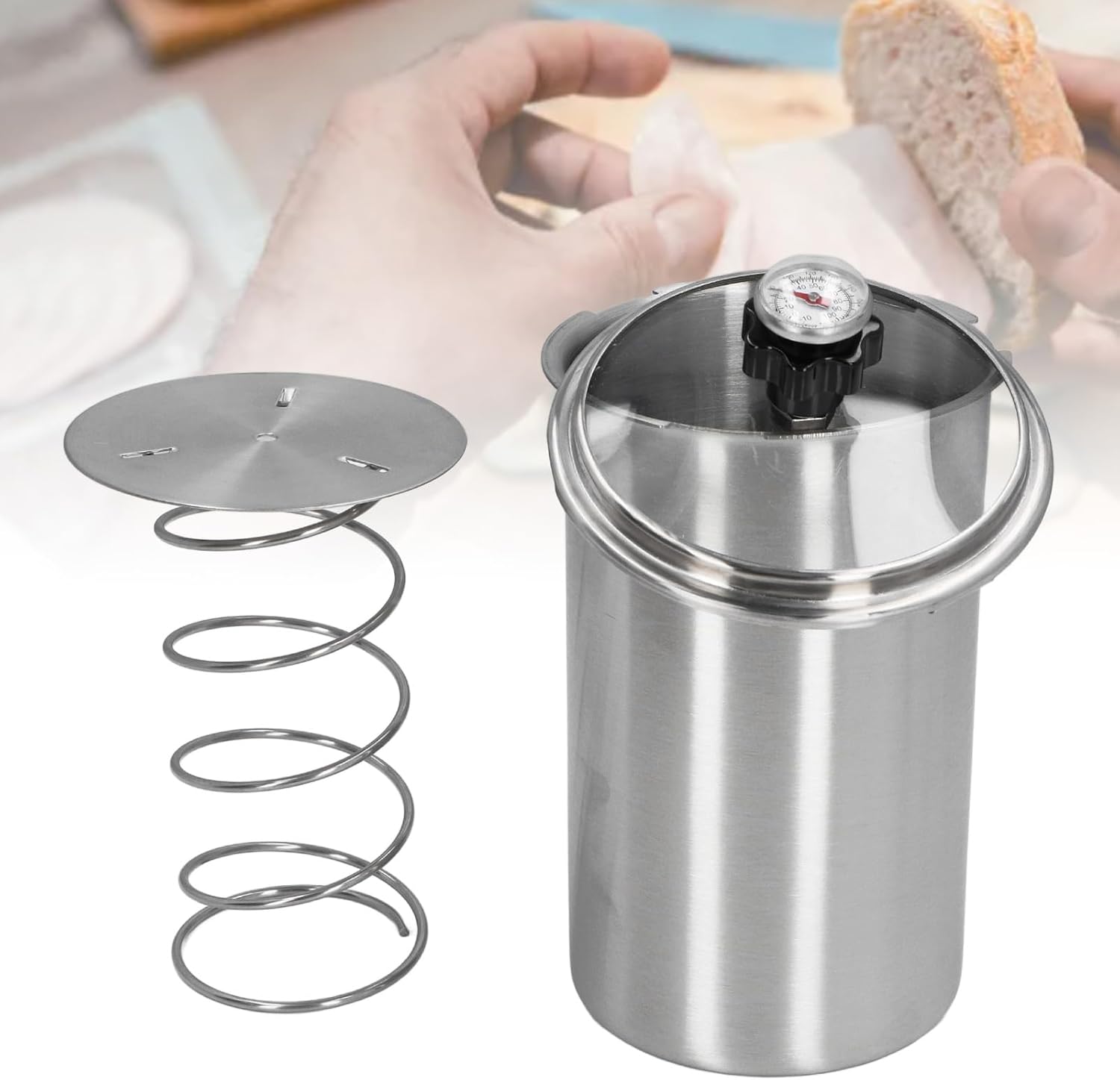 CDQL 304 Stainless Steel Meat Press Machine, Ham Maker Meat Press Tool with Thermometer Transparent Visible Lid for Pork, Beef, Fish, Lamb