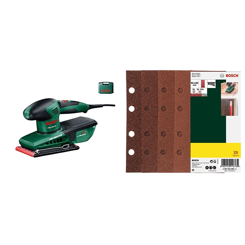 Bosch PSS 200 AC Schwingschleifer, 200 W - Bandschleifmaschinen (Handschleifer, Schwingschleifer, Staubbeutel) + 25tlg. Schleifblatt Set verschiedene Materialien (Körnung 40/60/80/120, Zubehör)