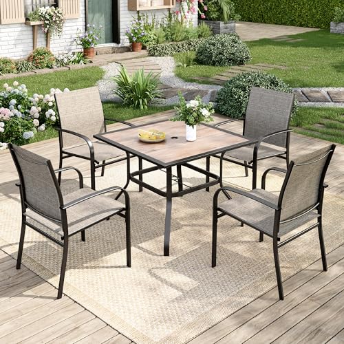 Image of MIXPATIO 5 Pieces Patio Table and Chairs Set, 4 Person Outdoor Dining Furniture Set, 4 Brown Textilene Chairs and 37 inch Wood-Like Table Top Table with Umbrella Hole, for Deck Backyard Lawn